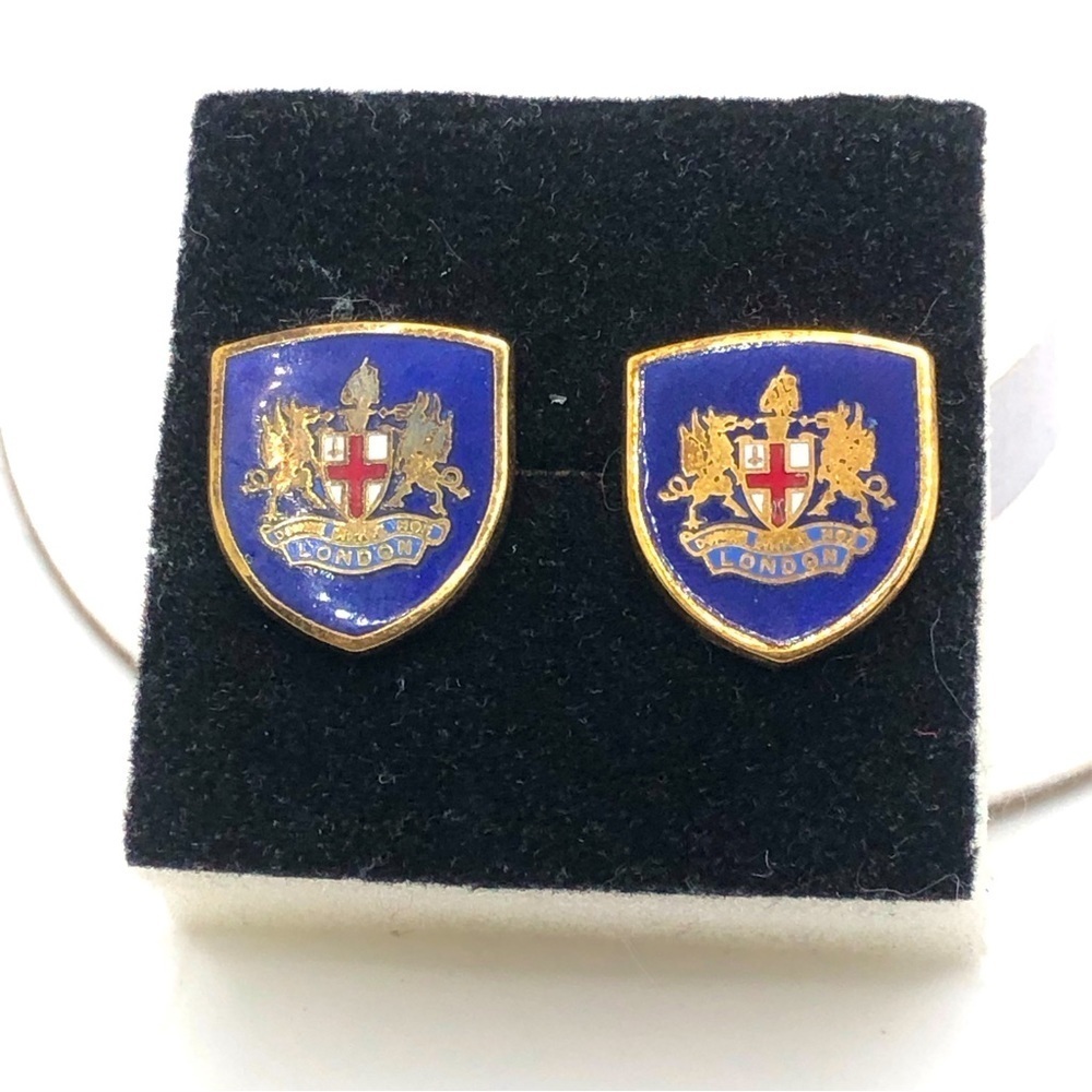Vtg Windsor Blue Enamel Lion Crest England Gold Tone Cufflinks .7” x .6”